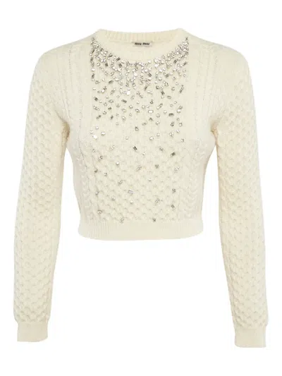 Pre-owned Miu Miu 2023 Cable Knit Crystal Embellishment Sweater