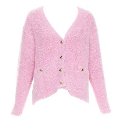 Pre-owned Miu Miu 2023 Pink Cashmere Boucle Logo Gold Button Cardigan It38 Xs