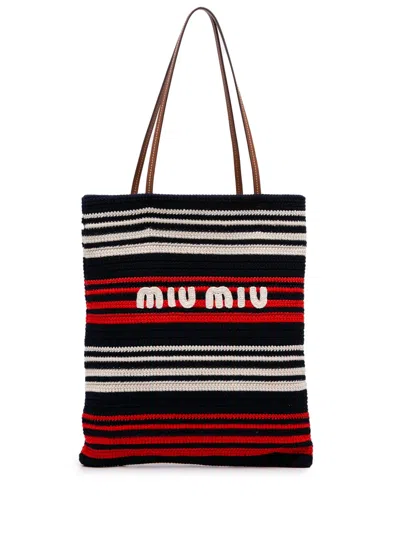 Pre-owned Miu Miu 2023-2026 Tricolor Cotton Crochet Logo Striped Vertical Tote Bag In Blue