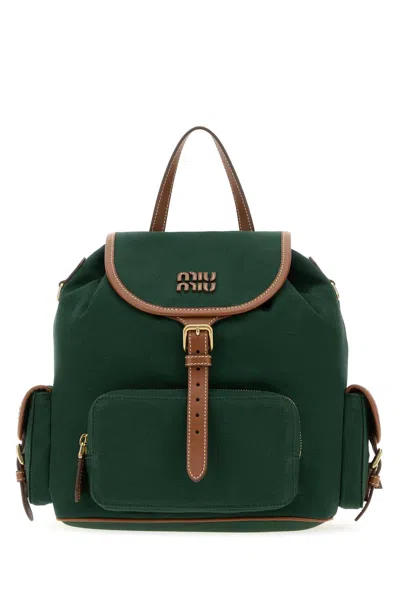 Miu Miu 25 X 31 X 15 Cm Mini Canvas Backpack With Calf Leather Details In Green