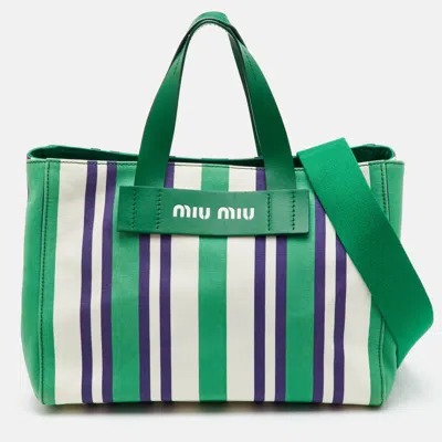Pre-owned Miu Miu 2way Green/white Stripe Canvas And Leather Tote