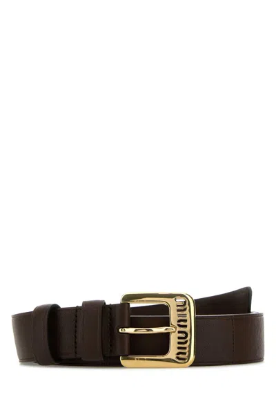 Miu Miu 3 Cm Brown Leather Belt With Golden Metal Finishing