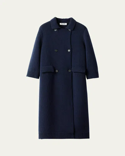 Miu Miu 3/4-sleeve Knit Double-breasted Trench Coat In Blue