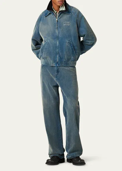 Pre-owned Miu Miu 3k  Corduroy Bomber Jacket Ss24 In Blue