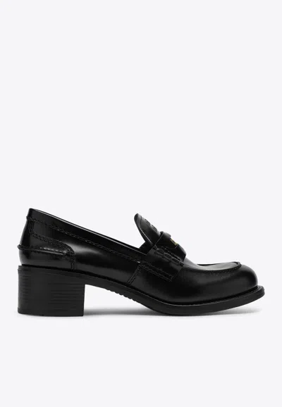 Miu Miu Penny Loafers In Brushed Leather In Black