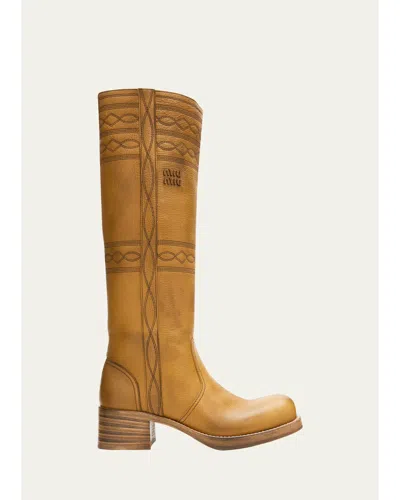 Miu Miu 50mm Western Leather Knee-high Boots In Brown