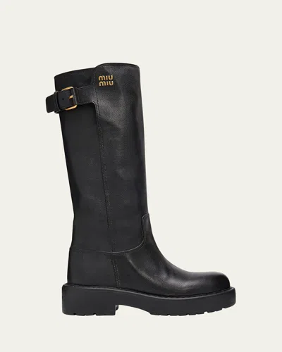 Miu Miu 55mm Leather Knee-high Lug-sole Boots In Black