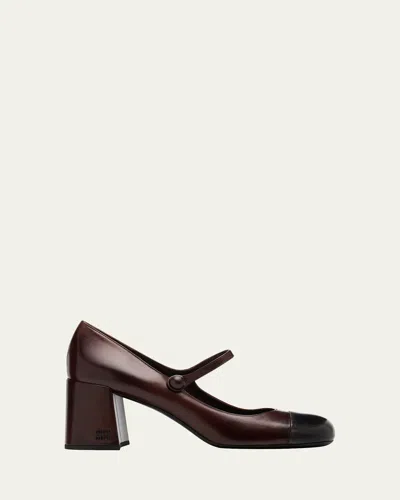 Miu Miu 65mm Leather Cap-toe Mary Jane Pumps In Black
