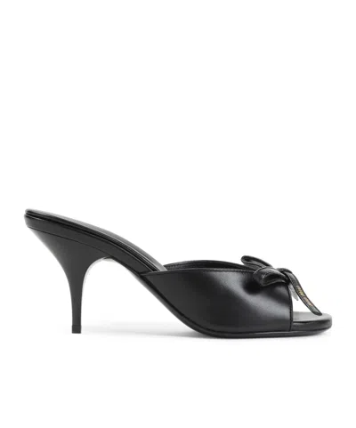 Miu Miu Lamb Leather Slippers Bow Open Toe Stiletto In Black