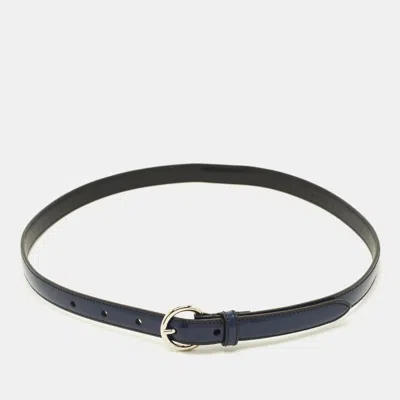 Pre-owned Miu Miu 75 Cm Slim Buckle Belt Navy Blue Leather
