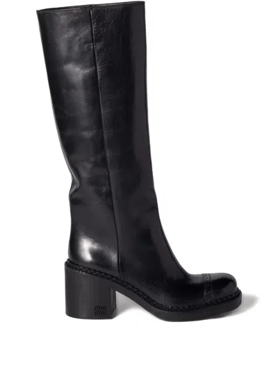 Miu Miu 75mm Leather Boots In Black