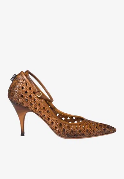 Miu Miu 80 Woven Leather Pointed Pumps In Brown