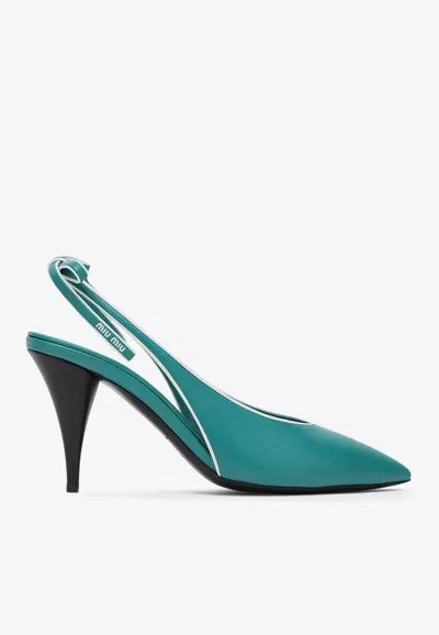 Miu Miu 85 Nappa Leather Slingback Pumps In Peacock Blue/white