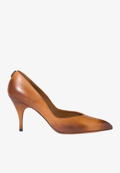 Miu Miu 85 Waxed Leather Pumps In Brown