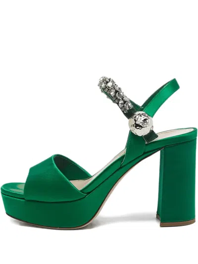 Pre-owned Miu Miu 95mm Crystal-embellished Platform Sandals In Green
