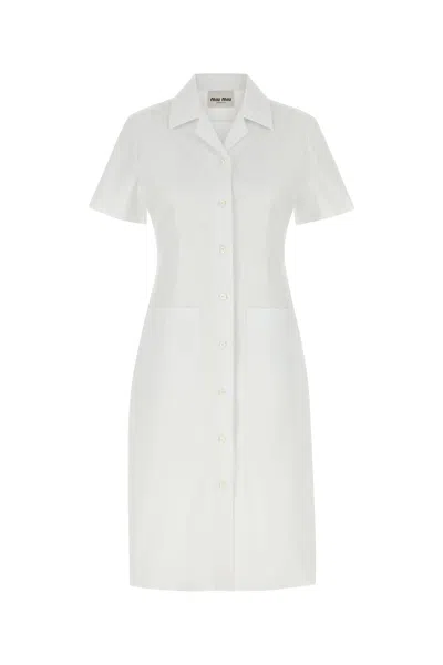 Miu Miu Short-sleeve Poplin Button Down Midi Dress In White