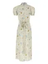 Miu Miu Silk Dress With Floral Print And Tie Waist In Neutral