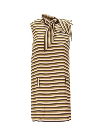 Miu Miu Striped Sleeveless Dress With Bow And Pockets In Brown