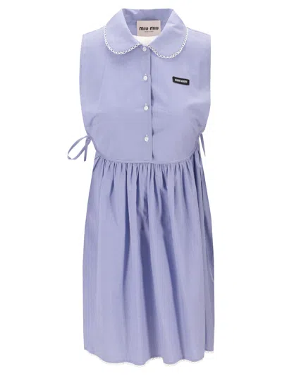 Miu Miu Vichy Dress Sleeveless Gathered Waist Bow Collar In Blue