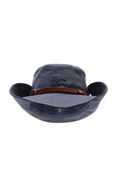 Miu Miu Adjustable Cotton And Leather Hat In Blue