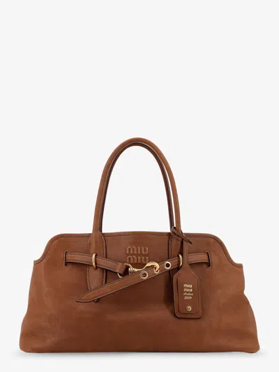 Miu Miu Adventure Leather Shoulder Bag With Lettering Logo In Brown