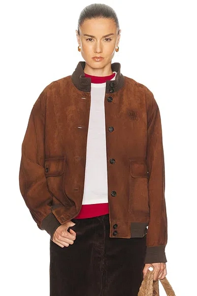 Miu Miu Agnello Scamosciato Cerato Jacket In Brown