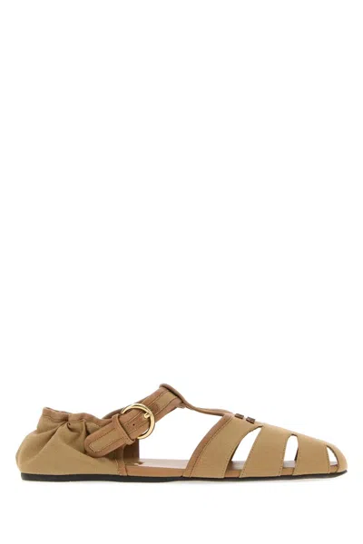 Miu Miu Camel Canvas Ruches Sandals In Brown