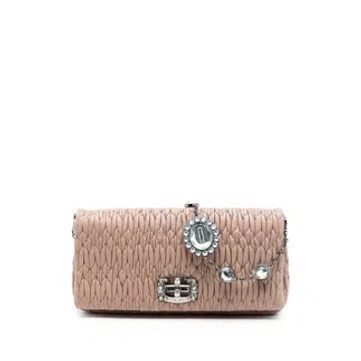 Pre-owned Miu Miu Alligator Matelasse Nappa Crystal Chain Satchel In Brown