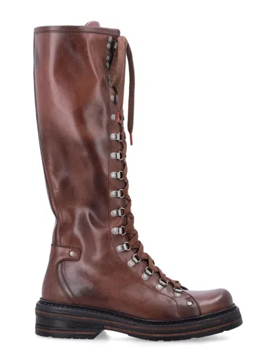Miu Miu Antiqued Leather Hiking-style Boots With Metal Hooks And Side Zip In Burgundy