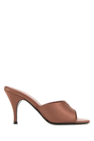 Miu Miu Antiqued Satin Heeled Sandals In Brown