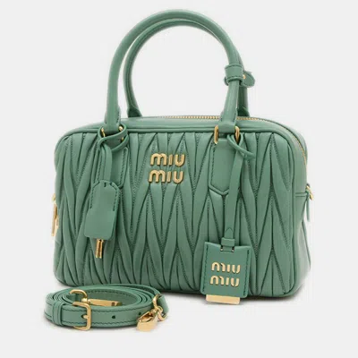 Pre-owned Miu Miu Arcadi Matelasse Hand Shoulder Bag Leather Salvia Green