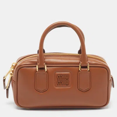 Pre-owned Miu Miu Arcadie Cognac Leather Satchel In Brown