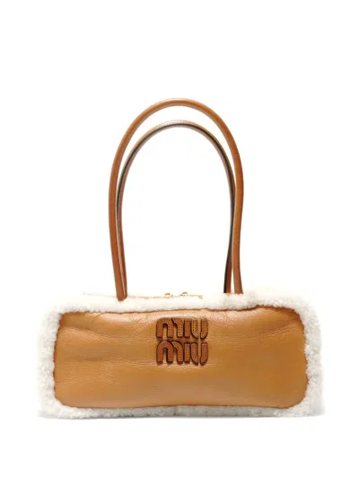 Pre-owned Miu Miu Arcadie Shearling Top Handle Bag In Brown