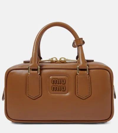 Miu Miu Arcadie Small Leather Tote Bag In Brown