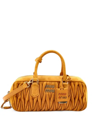 Pre-owned Miu Miu Arcadie Top Handle Bag Matelasse Leather Large Satchel In Yellow