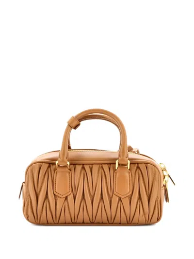 Pre-owned Miu Miu Arcadie Top Handle Bag Matelasse Leather Small Satchel In Brown
