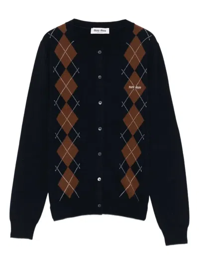 Miu Miu Argyle Cashmere Cardigan In Blue