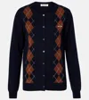 Miu Miu Diamond Knit Cardigan With Ribbed Finish In Blue