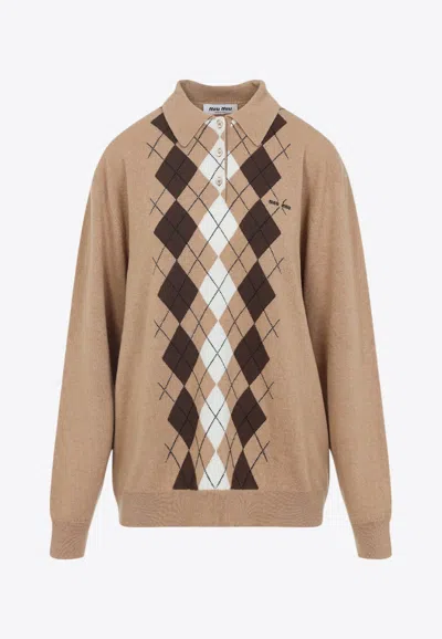 MIU MIU ARGYLE CASHMERE POLO SWEATER