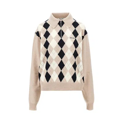 Miu Miu Argyle Cashmere Polo Sweater In Beige