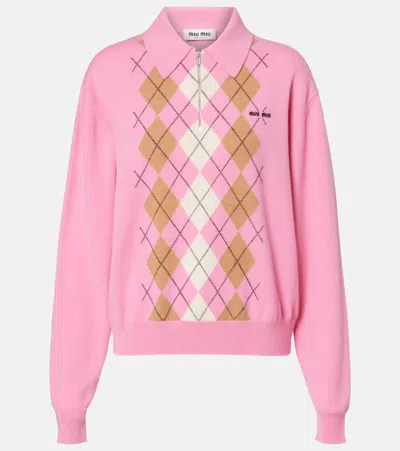 Miu Miu Argyle Cashmere Polo Sweater In Pink