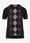 Miu Miu Cashmere Argyle Short-sleeve Sweater In Blue