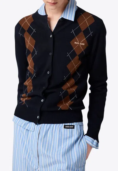 Miu Miu Argyle Knitted Cardigan In Blue