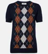 Miu Miu Cashmere Argyle Short-sleeve Sweater In Blue