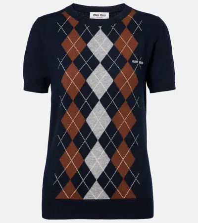 Miu Miu Argyle Knitted Cashmere Top In Blue