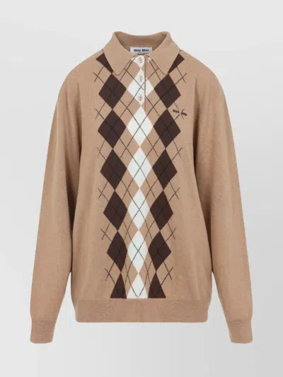 Miu Miu Argyle Pattern Cashmere Polo Pullover In Neutral