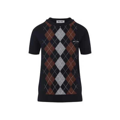 Miu Miu Argyle Pattern Cashmere Sweater In Black