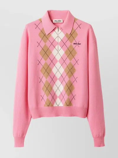 Miu Miu Argyle Pattern Polo With Ribbed Cuffs And Hem In Pink