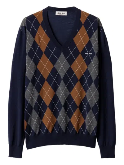 Miu Miu Argyle V-neck Wool Sweater In Blue