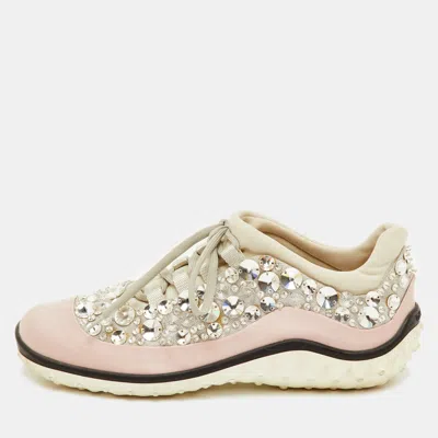 Pre-owned Miu Miu Astro Size 38 Light Pink/grey Fabric Crystal Embellished Low Top Sneakers
